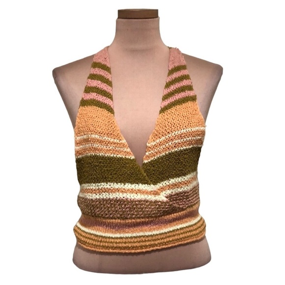 Urban Outfitters BDG Halter Top Size Medium Orange Olive Green Crochet Knit - Picture 1 of 8